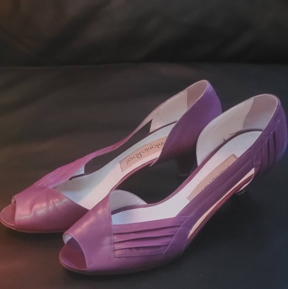 8 Antonio Rossi VINTAGE Italy Purple Pleated Open Toe 2" Pumps Heels LEATHER